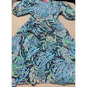 Lilly Pulitzer Juney Dress 4 Blue Catty Purrsonality Wrap Puff Sleeve Midi Beach